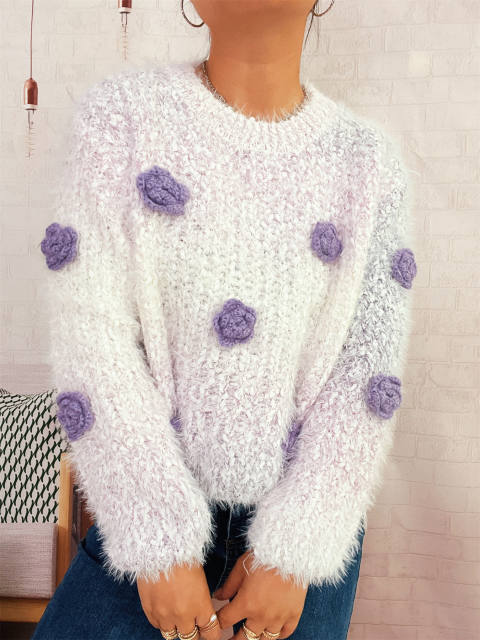 Gradient color 3D flower cute pink round neck long sleeve knitted pullover sweater