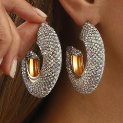 Chunky pave setting colorful rhinestone C shape alloy earrings