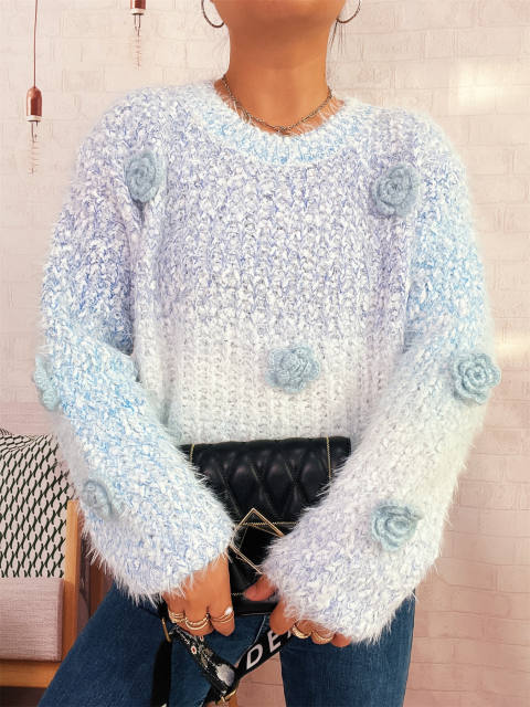 Gradient color 3D flower cute pink round neck long sleeve knitted pullover sweater