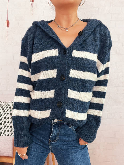Casual Loose Oversized Hooded Knit Cardigan Single-Breasted Long-Sleeved Sweater