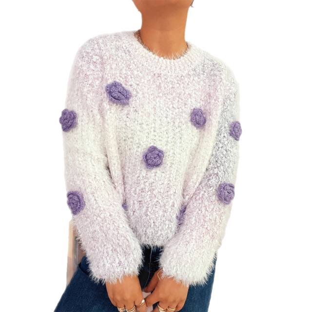 Gradient color 3D flower cute pink round neck long sleeve knitted pullover sweater