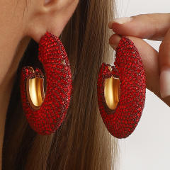 Chunky pave setting colorful rhinestone C shape alloy earrings