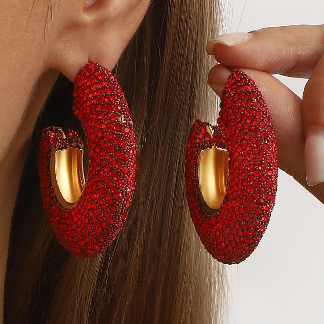 Chunky pave setting colorful rhinestone C shape alloy earrings
