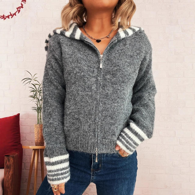Autumn winter Simple contrast color large lapel zipper knitted cardigan