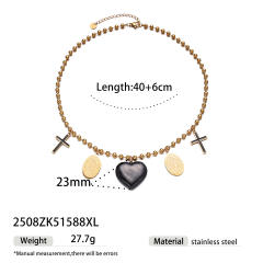 Black enamel cross coin charm stainless steel necklace