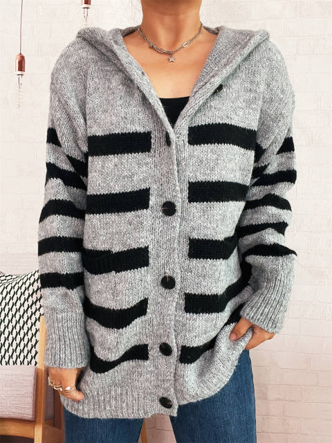 Casual Loose Oversized Hooded Knit Cardigan Single-Breasted Long-Sleeved Sweater