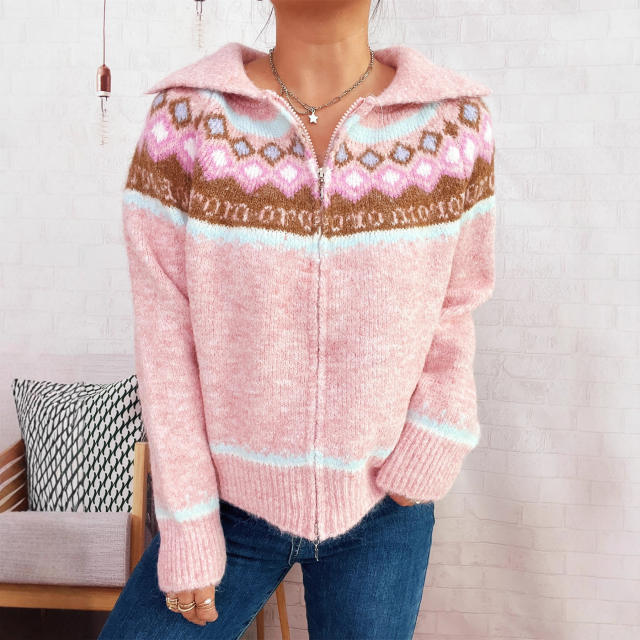 Retro pattern contrast color jacquard lapel knitted cardigan zipper sweater jacket