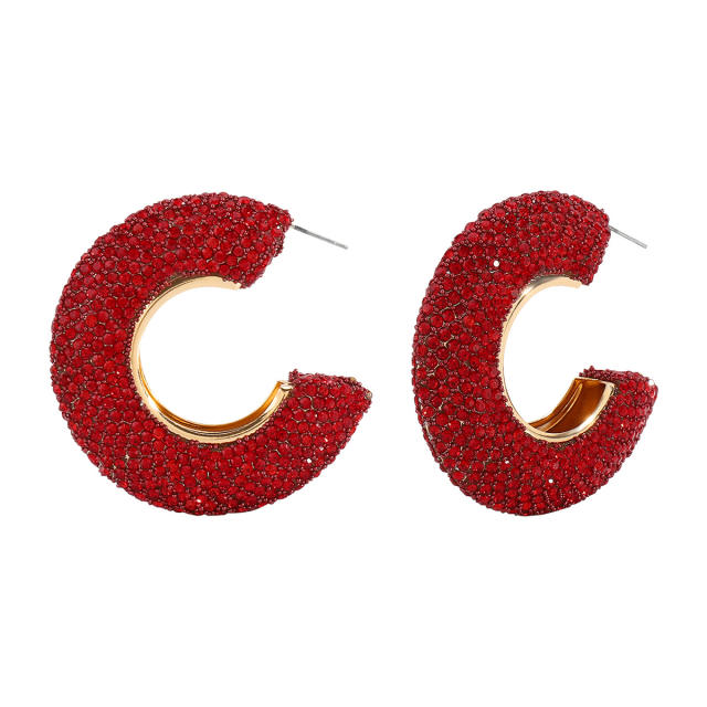 Chunky pave setting colorful rhinestone C shape alloy earrings