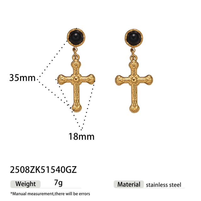 Natural stone inlaid cross series stainless steel earrings