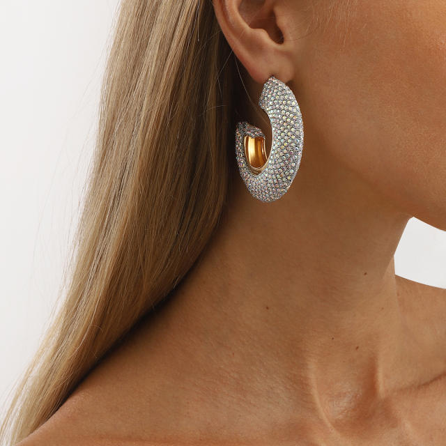 Chunky pave setting colorful rhinestone C shape alloy earrings