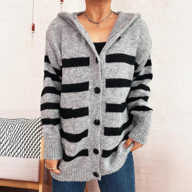 Casual Loose Oversized Hooded Knit Cardigan Single-Breasted Long-Sleeved Sweater