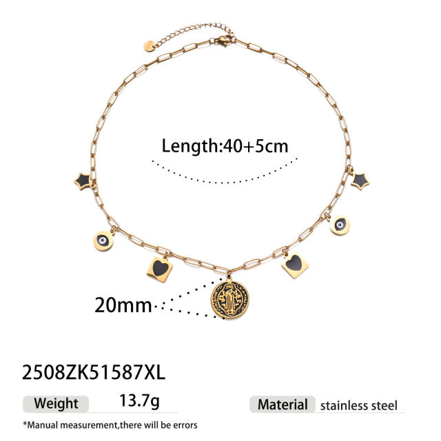 Black enamel cross coin charm stainless steel necklace
