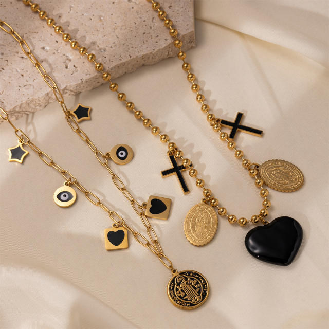 Black enamel cross coin charm stainless steel necklace