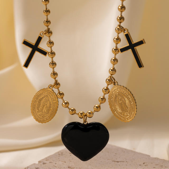 Black enamel cross coin charm stainless steel necklace