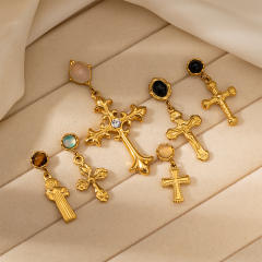 Natural stone inlaid cross series stainless steel earrings