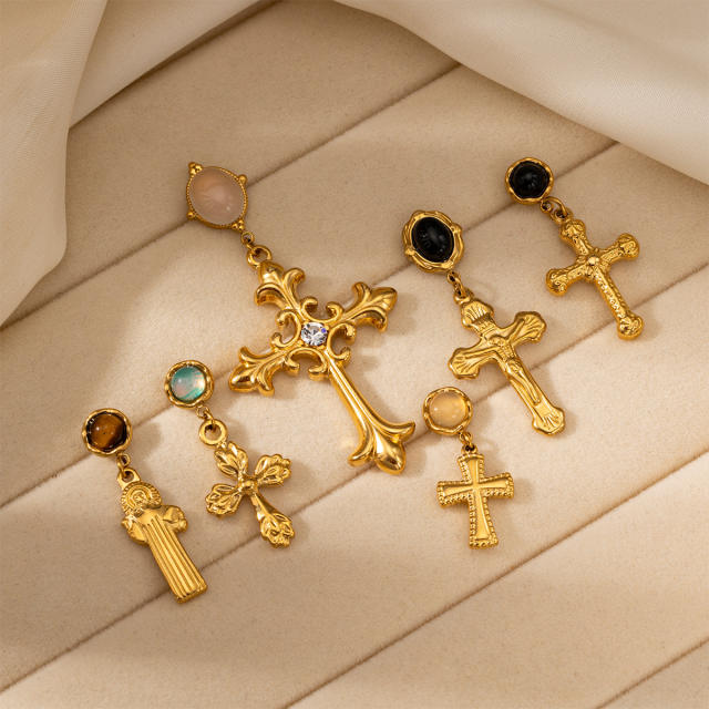 Natural stone inlaid cross series stainless steel earrings