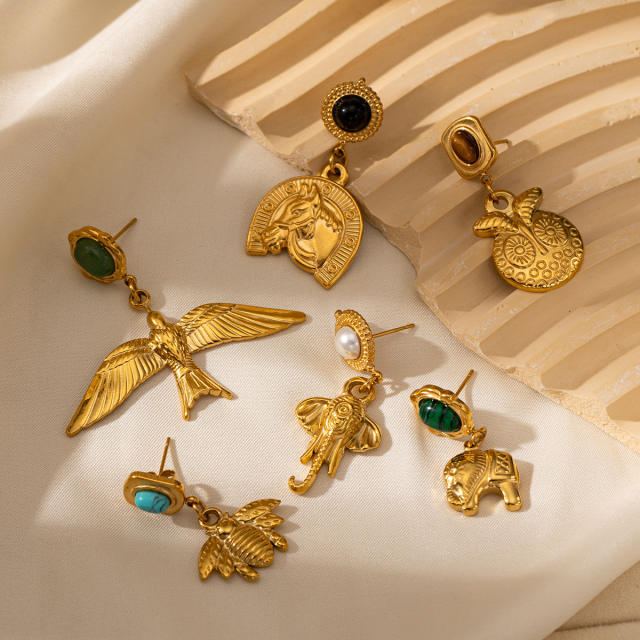 Natural stone inlaid animal series stainless steel earrings