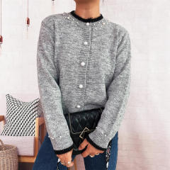 Elegant plain color pearl bead knitted sweater cardigan
