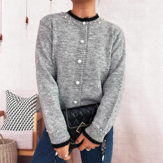 Elegant plain color pearl bead knitted sweater cardigan