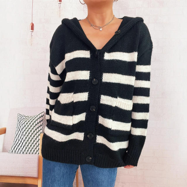 Casual Loose Oversized Hooded Knit Cardigan Single-Breasted Long-Sleeved Sweater