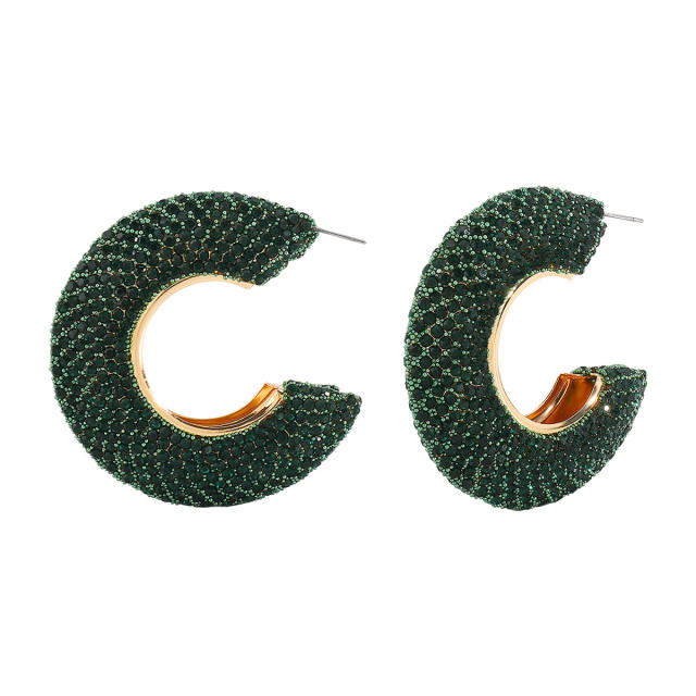 Chunky pave setting colorful rhinestone C shape alloy earrings