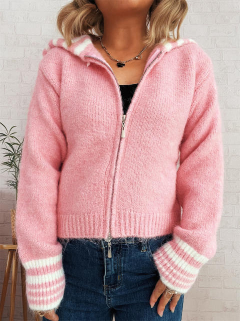 Autumn winter Simple contrast color large lapel zipper knitted cardigan