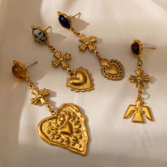 Natural stone inlaid vintage heart stainless steel earrings