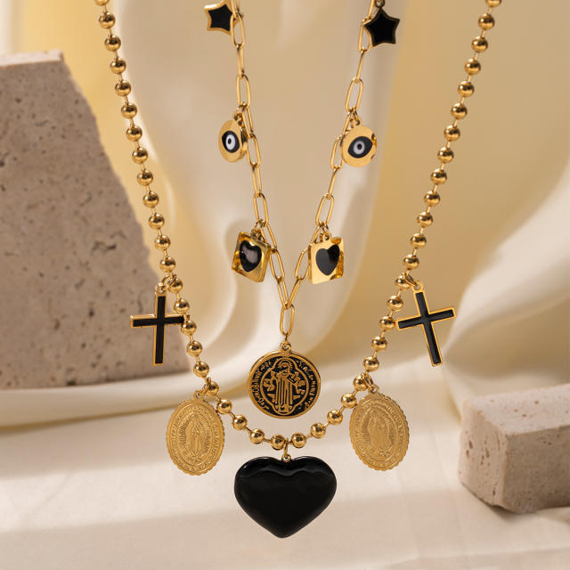 Black enamel cross coin charm stainless steel necklace