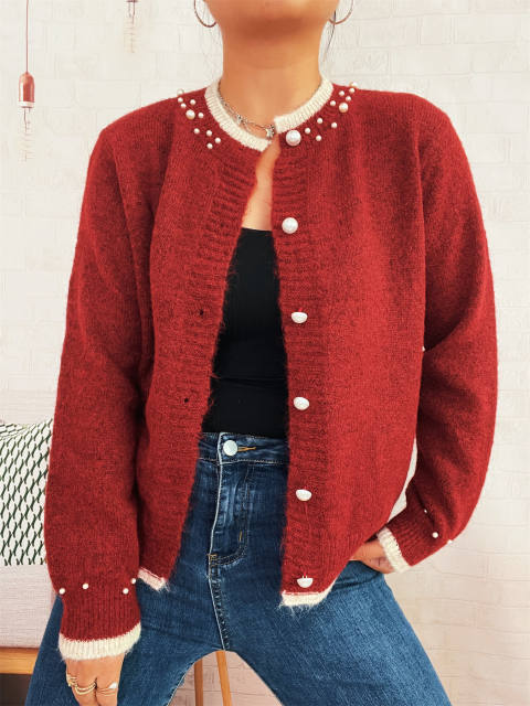 Elegant plain color pearl bead knitted sweater cardigan