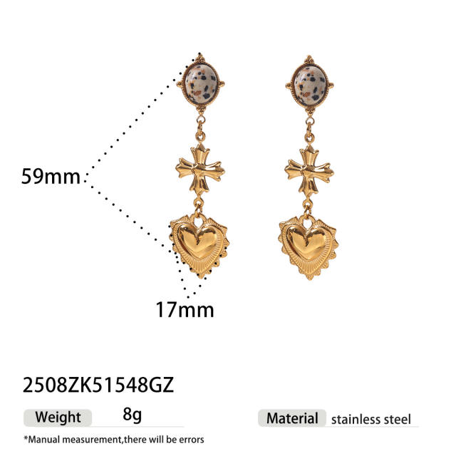 Natural stone inlaid vintage heart stainless steel earrings