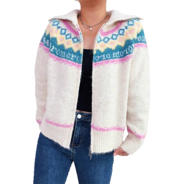 Retro pattern contrast color jacquard lapel knitted cardigan zipper sweater jacket