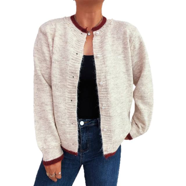 Elegant plain color pearl bead knitted sweater cardigan