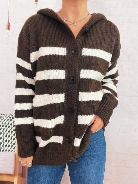 Casual Loose Oversized Hooded Knit Cardigan Single-Breasted Long-Sleeved Sweater