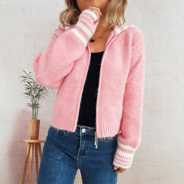 Autumn winter Simple contrast color large lapel zipper knitted cardigan