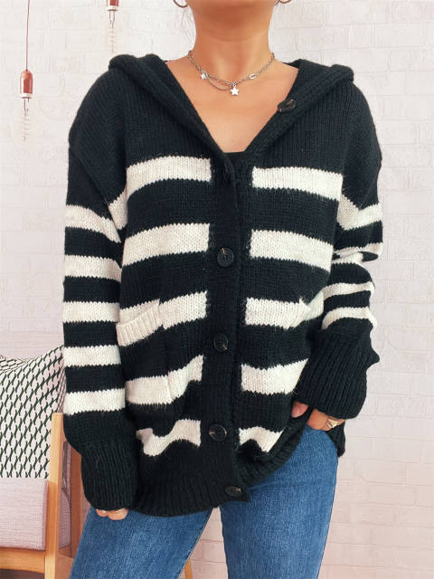 Casual Loose Oversized Hooded Knit Cardigan Single-Breasted Long-Sleeved Sweater