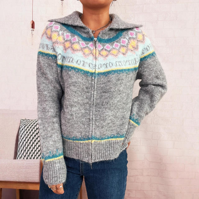 Retro pattern contrast color jacquard lapel knitted cardigan zipper sweater jacket