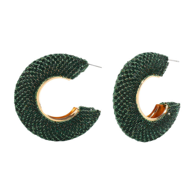 Chunky pave setting colorful rhinestone C shape alloy earrings