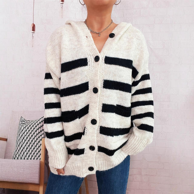 Casual Loose Oversized Hooded Knit Cardigan Single-Breasted Long-Sleeved Sweater