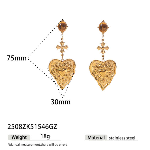 Natural stone inlaid vintage heart stainless steel earrings