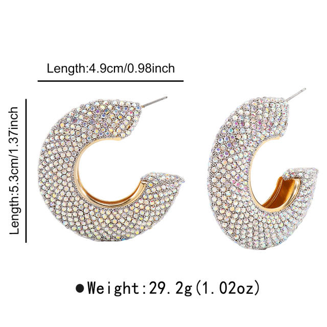 Chunky pave setting colorful rhinestone C shape alloy earrings