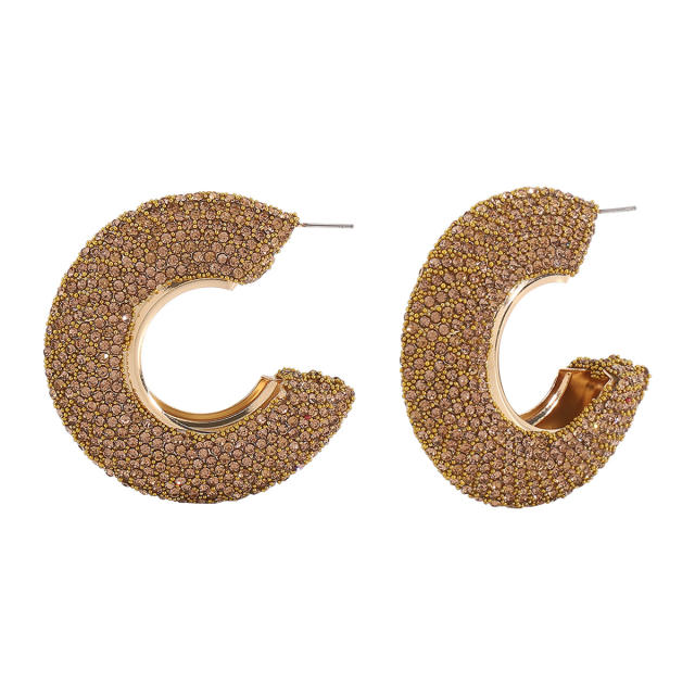 Chunky pave setting colorful rhinestone C shape alloy earrings