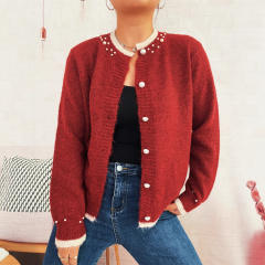 Elegant plain color pearl bead knitted sweater cardigan