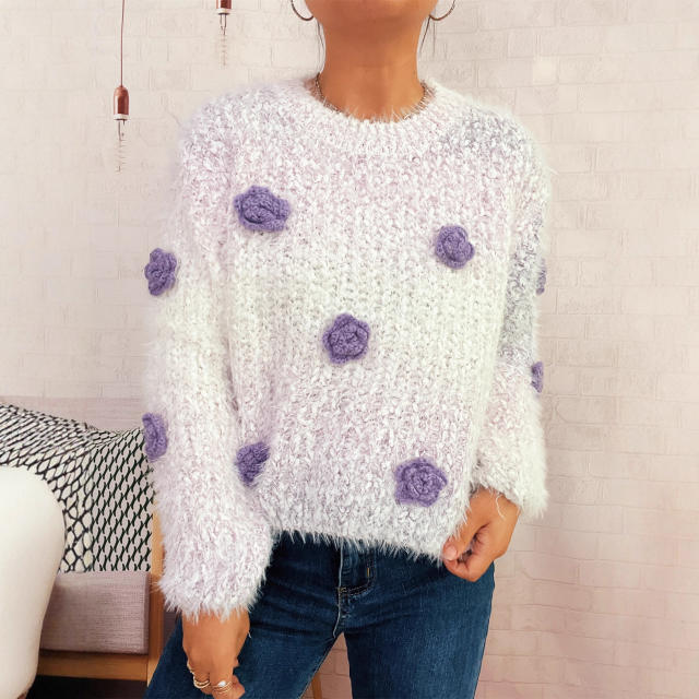 Gradient color 3D flower cute pink round neck long sleeve knitted pullover sweater