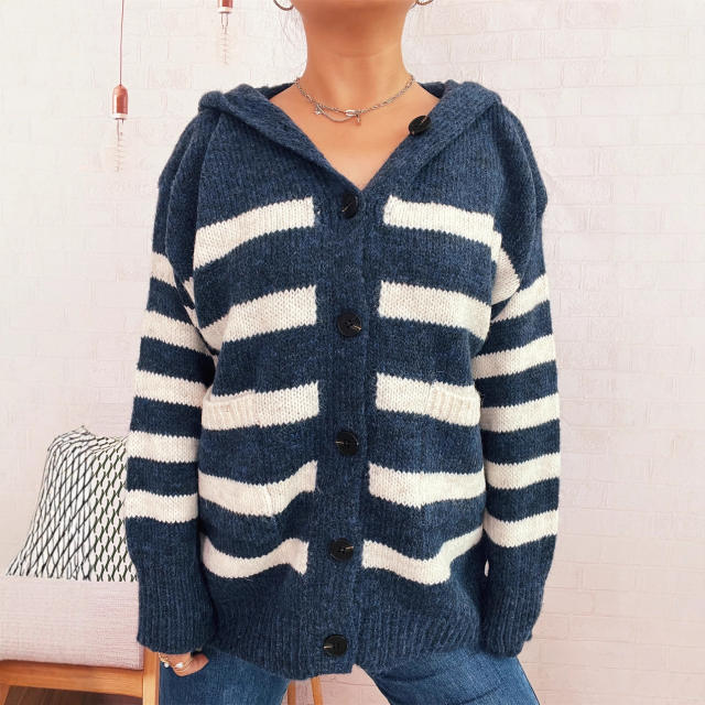 Casual Loose Oversized Hooded Knit Cardigan Single-Breasted Long-Sleeved Sweater