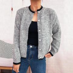 Elegant plain color pearl bead knitted sweater cardigan