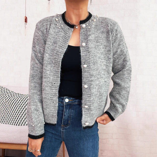 Elegant plain color pearl bead knitted sweater cardigan