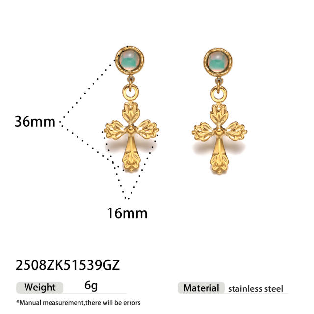 Natural stone inlaid cross series stainless steel earrings