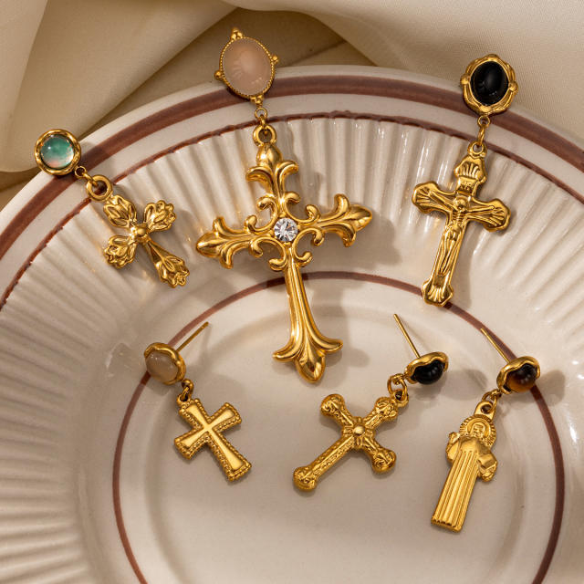 Natural stone inlaid cross series stainless steel earrings