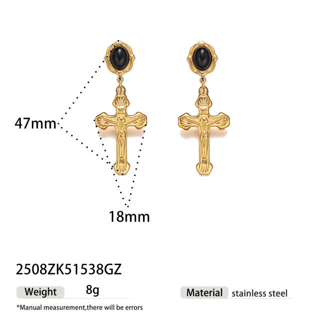 Natural stone inlaid cross series stainless steel earrings