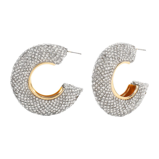 Chunky pave setting colorful rhinestone C shape alloy earrings